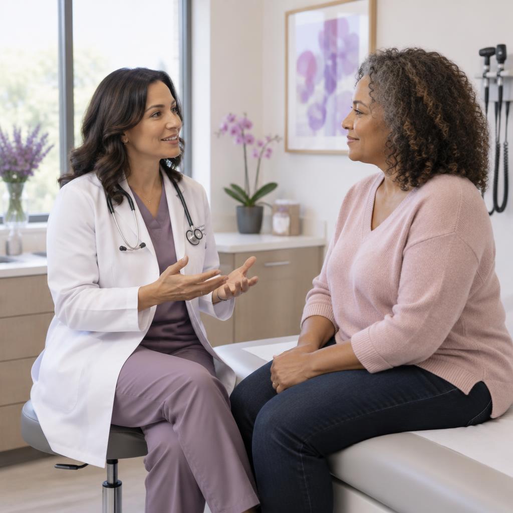 OB/GYN physician speaking with a patient in an exam room